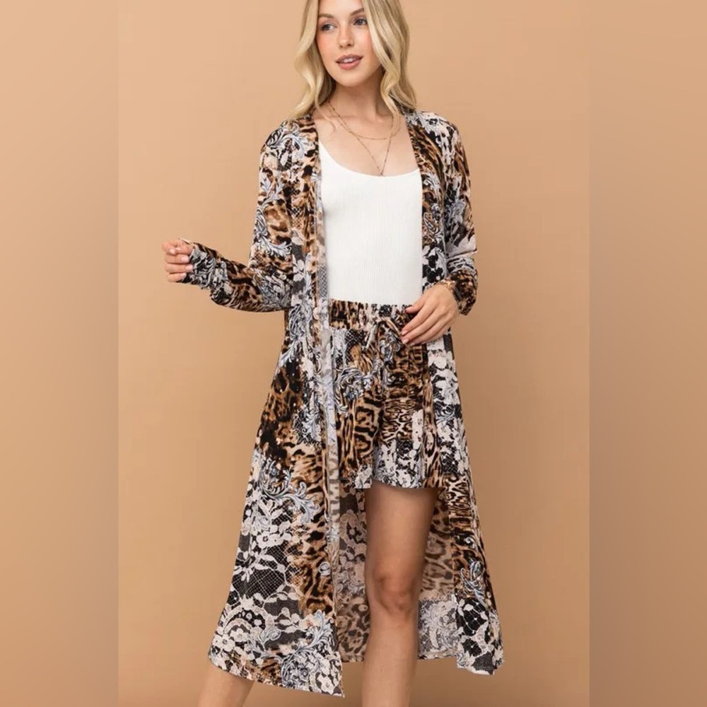 Leopard Print Long Cardigan and Shorts Set